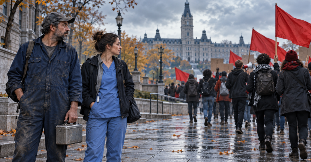 Un ouvrier et une soignante observent une manifestation aux drapeaux rouges devant un parlement.