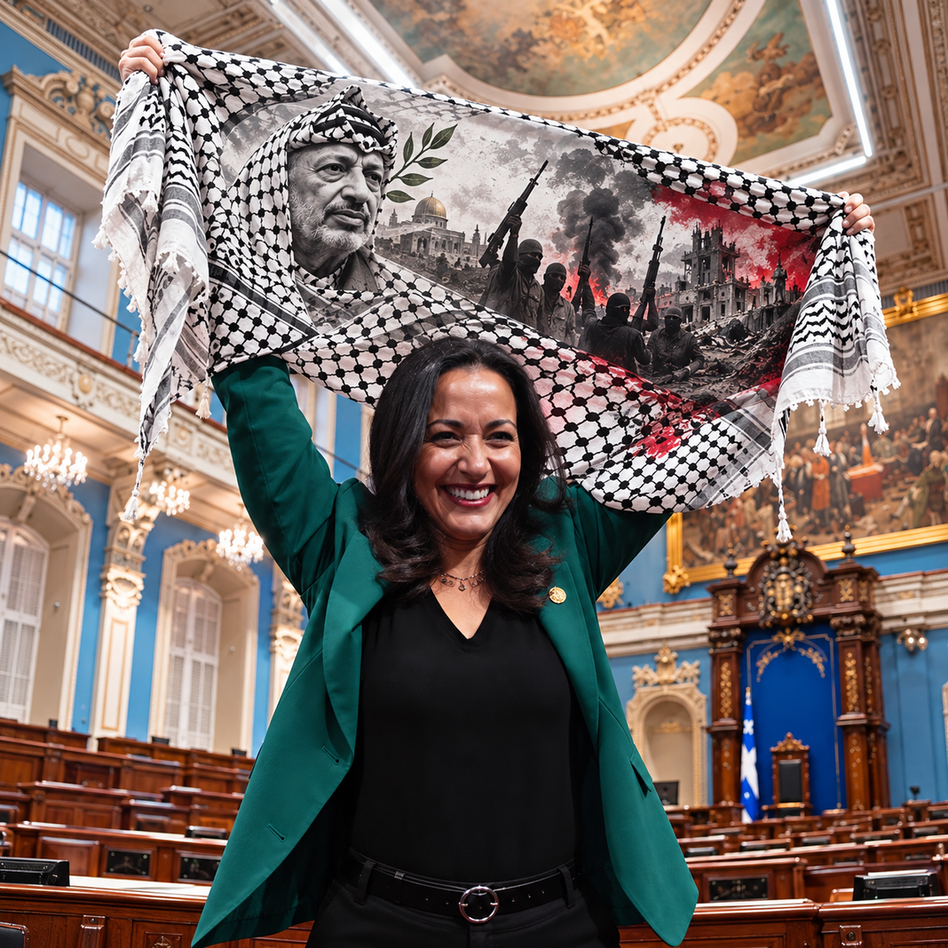 Illustration satirique de Ruba Ghazal brandissant un keffieh à l’Assemblée nationale du Québec, avec Yasser Arafat et des silhouettes armées.