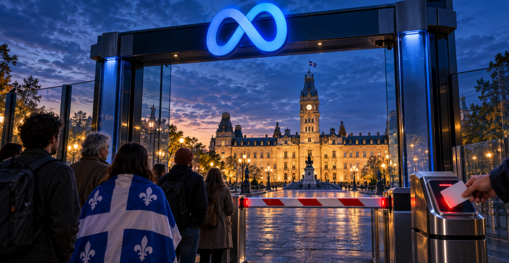Illustration éditoriale d’une agora politique québécoise contrôlée par les plateformes Meta, avec l’Assemblée nationale en arrière-plan.