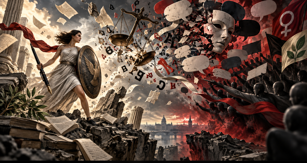 Illustration symbolique de la guerre des mots en politique, opposant liberté individuelle, débat d’idées et pression collective.