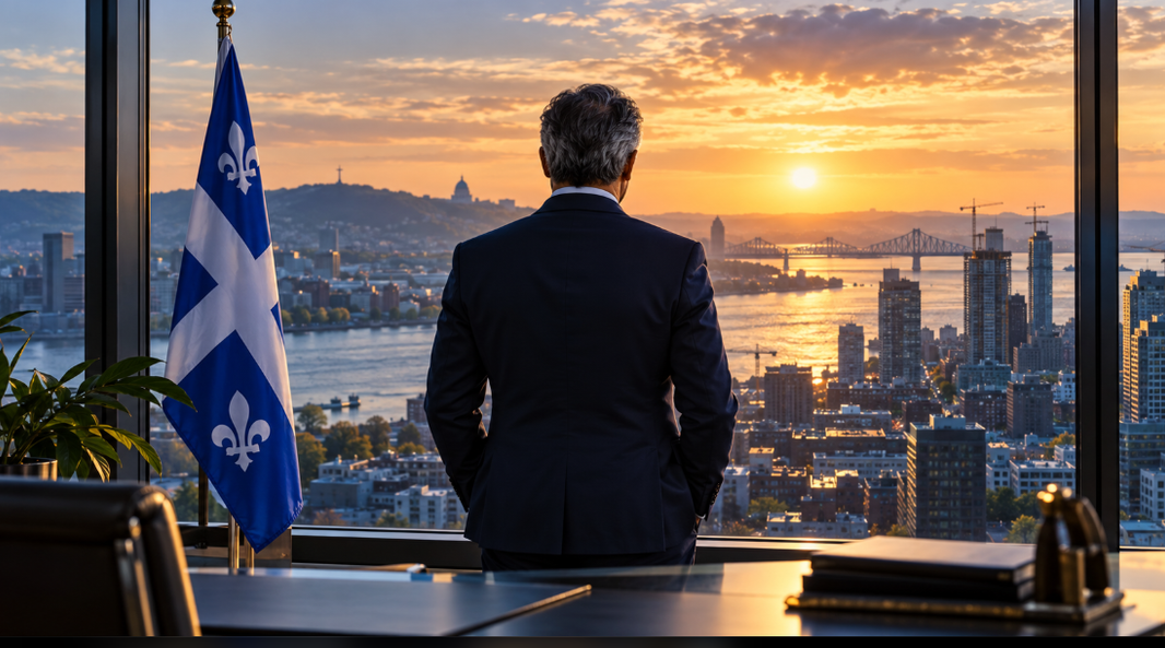 Homme d’affaires vu de dos devant une baie vitrée surplombant Montréal, avec un drapeau du Québec à ses côtés.