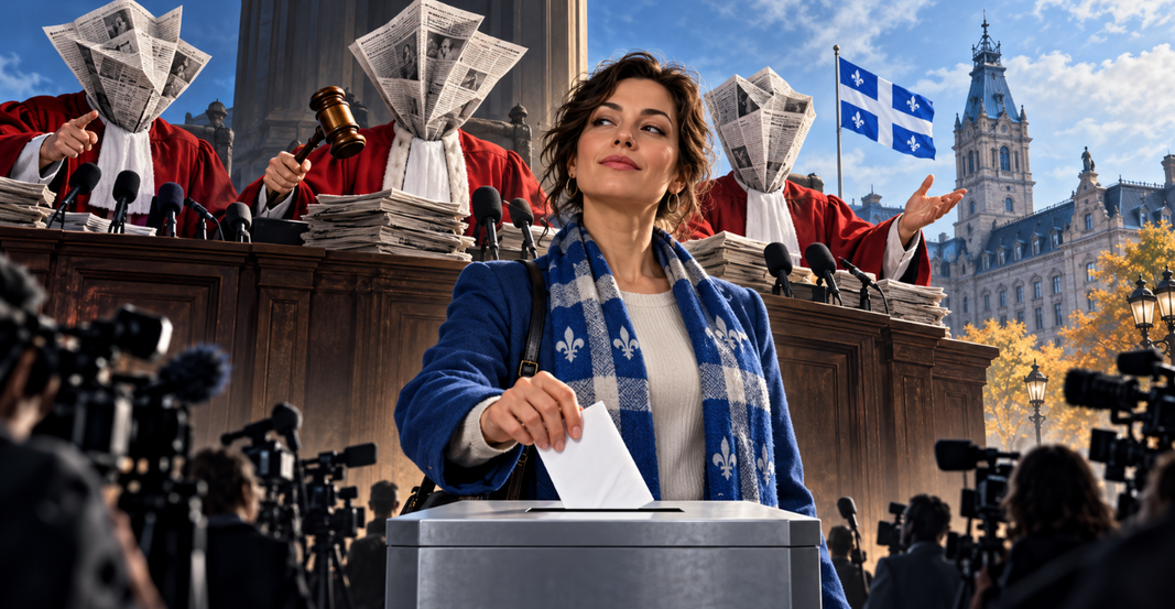 Illustration satirique d’une électrice déposant son bulletin devant des juges aux têtes de journaux, avec le parlement de Québec en arrière-plan.