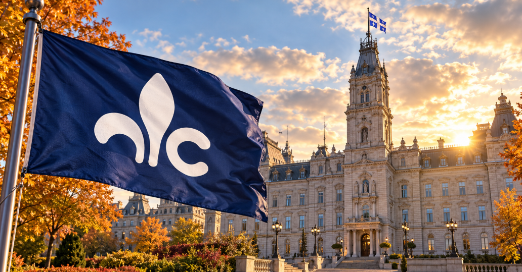 Illustration d’un drapeau du Parti conservateur du Québec devant l’Assemblée nationale, éclairée d’une lumière dorée d’automne.