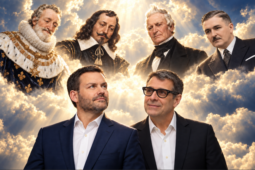 Montage éditorial montrant deux politiciens québécois devant des figures historiques dans les nuages, illustrant l’idée d’une union nationale.