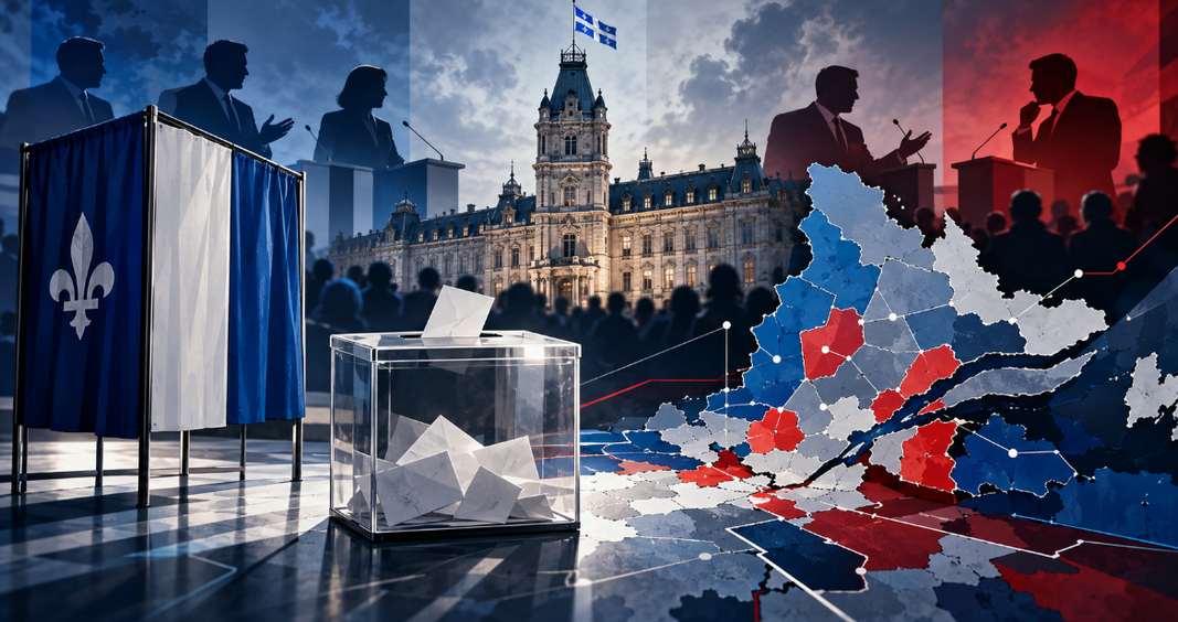 Urne électorale devant l’Assemblée nationale du Québec avec une carte électorale stylisée