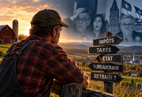 Agriculteur québécois devant des panneaux indiquant impôts, taxes, État, bureaucratie et retraite, avec l’Assemblée nationale en arrière-plan.