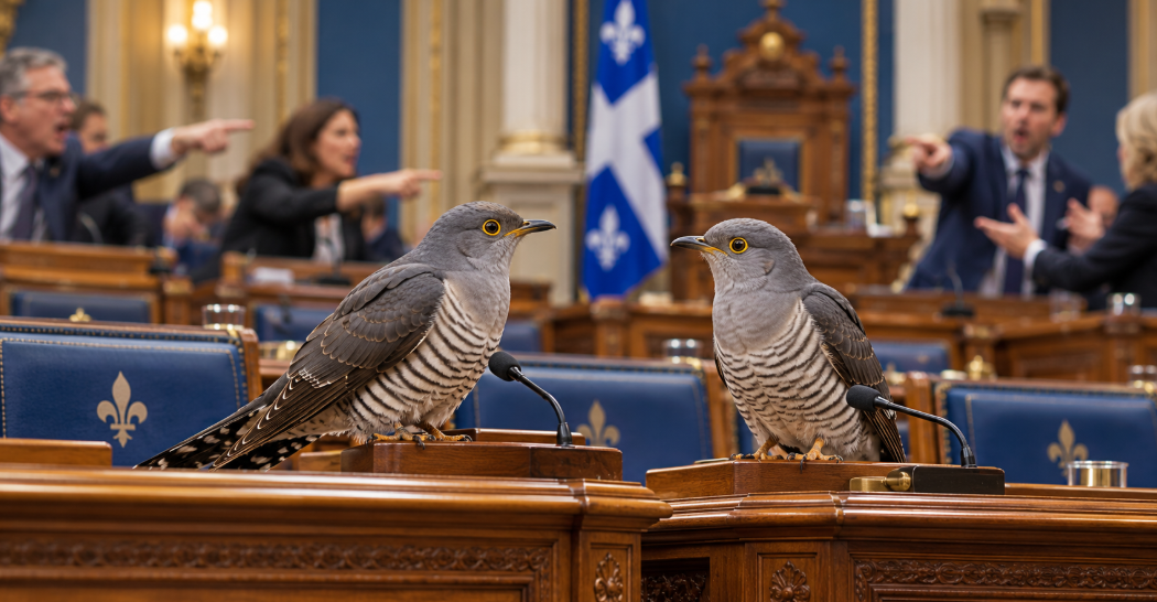 Deux coucous perchés sur les pupitres de l’Assemblée nationale tandis que des élus les pointent du doigt.