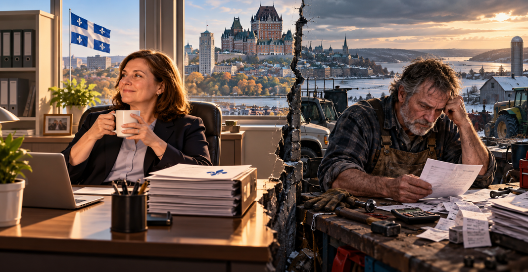 Deux réalités économiques au Québec : une employée de bureau bénéficiant d'une sécurité institutionnelle et un travailleur autonome confronté aux risques financiers.