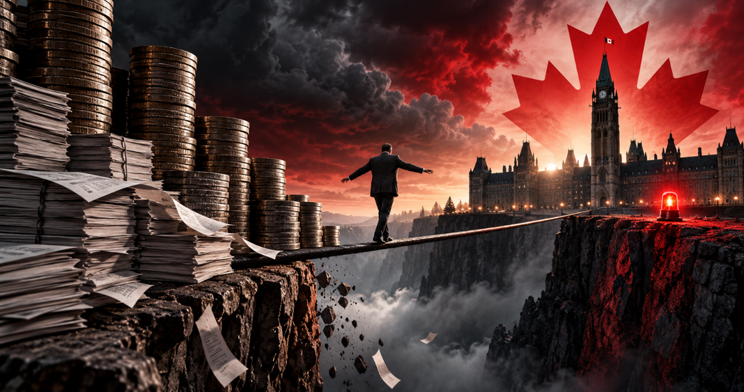 Illustration de la dette publique canadienne : un homme traverse un précipice sur un câble, entre des piles de pièces de monnaie et le Parlement du Canada.