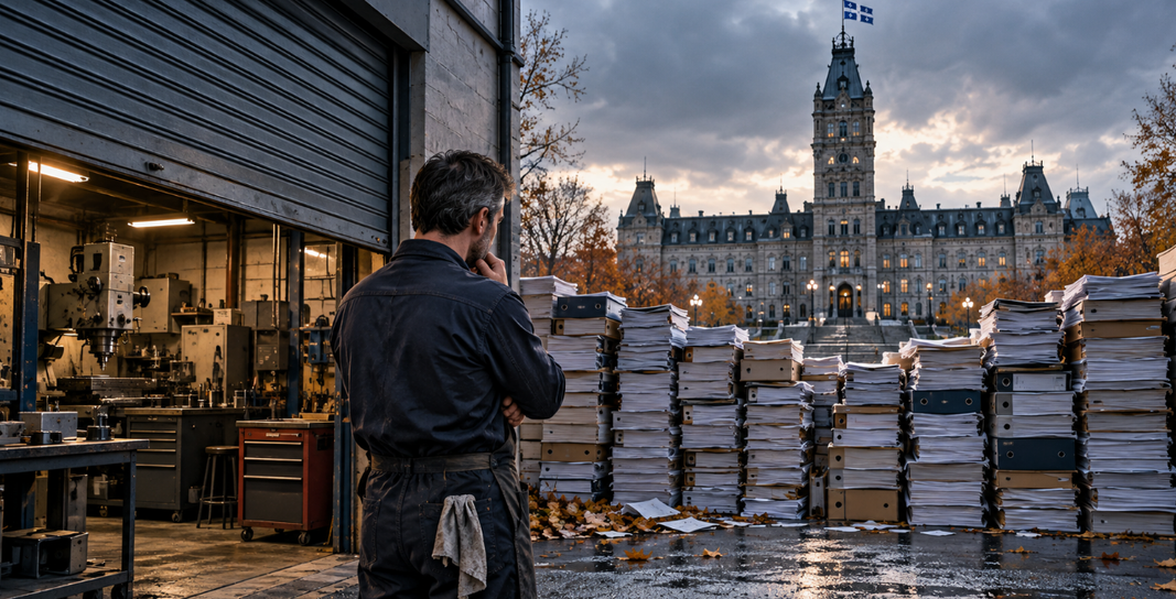 Illustration d’un entrepreneur devant son atelier, face à des piles de dossiers administratifs, avec le Parlement de Québec en arrière-plan.