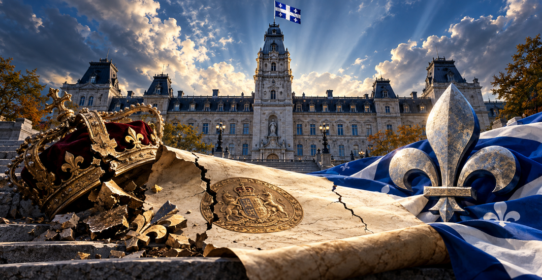 L’Assemblée nationale du Québec devant une couronne brisée, un document constitutionnel fissuré et le fleurdelisé, symbolisant le conflit entre la monarchie canadienne et la souveraineté québécoise.