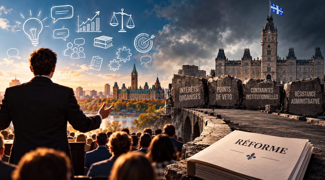 La bataille des idées avant la réforme : pourquoi le changement se prépare en amont Illustration d’un orateur devant une foule, face aux obstacles institutionnels qui freinent les réformes politiques au Québec.