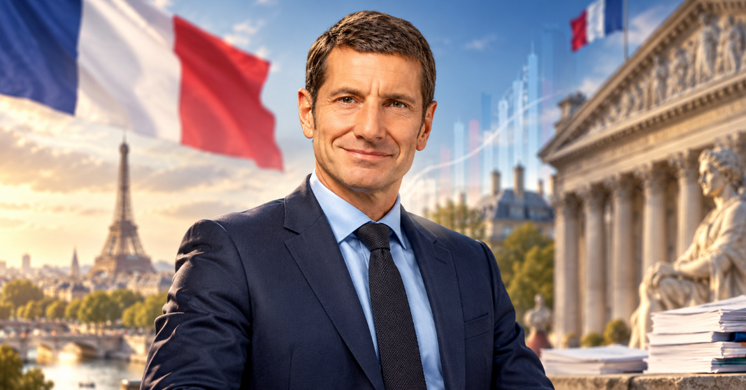 David Lisnard devant le drapeau français, avec Paris, des institutions publiques et des graphiques économiques en arrière-plan.