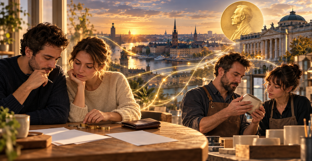 Prix Nobel d’économie 2026 : pourquoi l’individu demeure au cœur de l’économie Un couple examine ses économies et deux artisans travaillent, avec Stockholm et une médaille du Nobel en arrière-plan.
