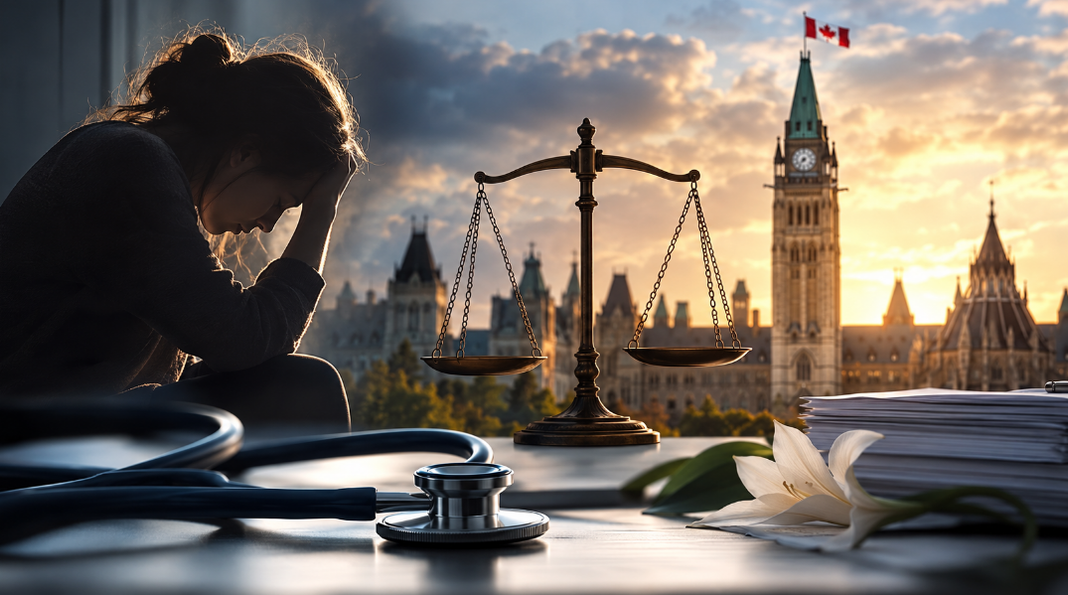 Une femme accablée, une balance de justice et un stéthoscope devant le Parlement canadien, illustrant les enjeux de l’aide médicale à mourir.