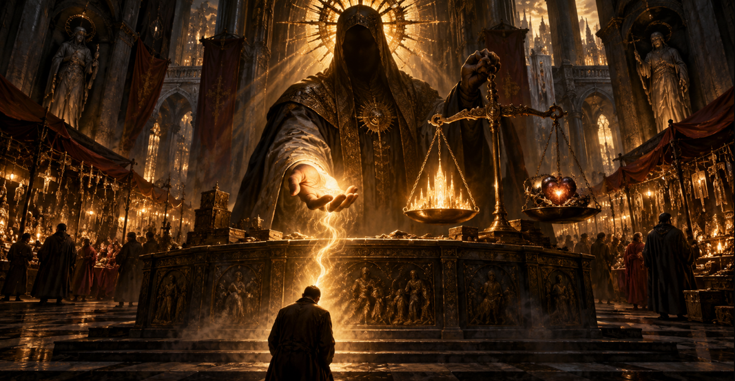 Illustration symbolique d'une figure divine proposant le salut en échange de la conscience humaine, dans une cathédrale sombre.