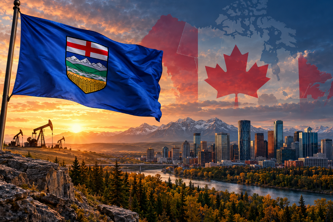 Drapeau de l’Alberta flottant devant Calgary, les Rocheuses et des installations pétrolières, avec les symboles du Canada en arrière-plan.