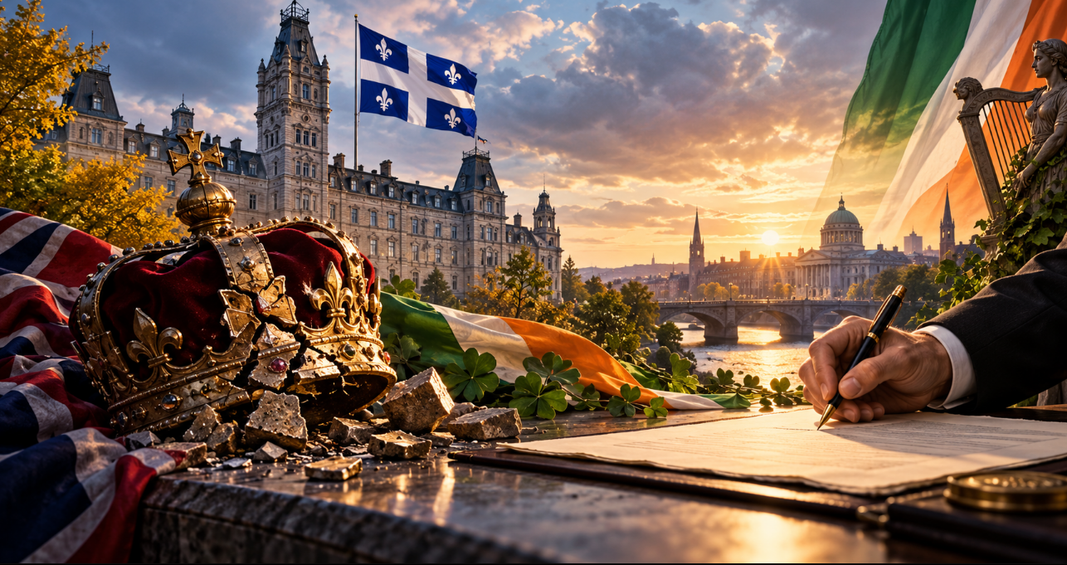Et si le Québec faisait comme l’Irlande? Illustration du Parlement du Québec et des couleurs irlandaises, avec une couronne brisée symbolisant l’émancipation des institutions face à la monarchie britannique.