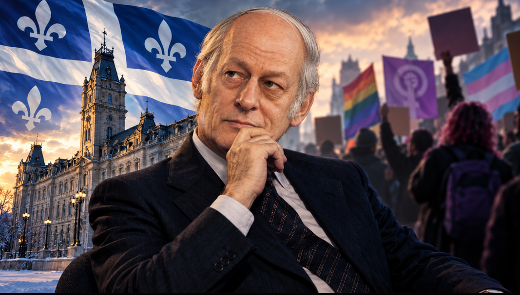 Montage éditorial représentant René Lévesque devant le drapeau du Québec et l'Assemblée nationale, avec une manifestation en arrière-plan.