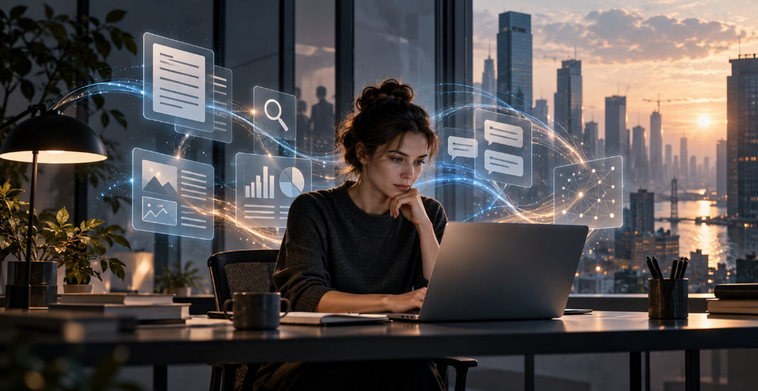 Entrepreneure indépendante travaillant avec l’intelligence artificielle sur un ordinateur portable, entourée d’outils numériques d’analyse et de communication.