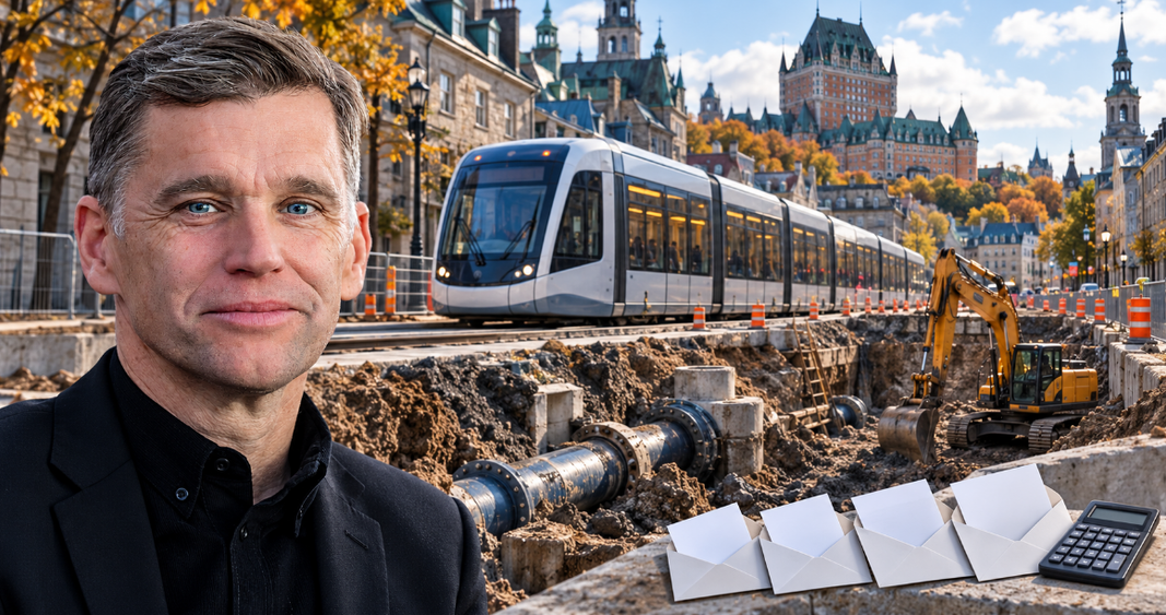 Montage de Bruno Marchand, du tramway de Québec et d’un chantier d’excavation avec des conduites souterraines et quatre enveloppes ouvertes.