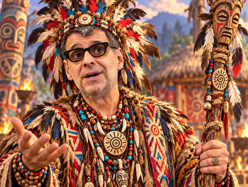 Caricature humoristique d’Éric Duhaime en chef de tribu, avec une coiffe de plumes et un bâton cérémoniel.