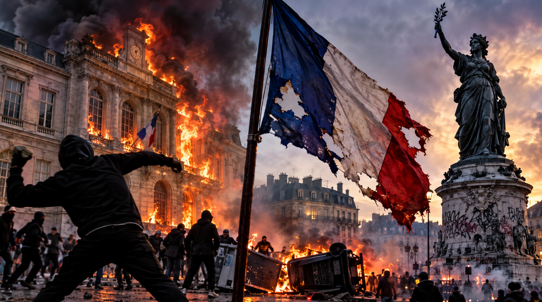 Illustration fictive de violences urbaines en France : un drapeau français déchiré, des manifestants et un bâtiment public en flammes.