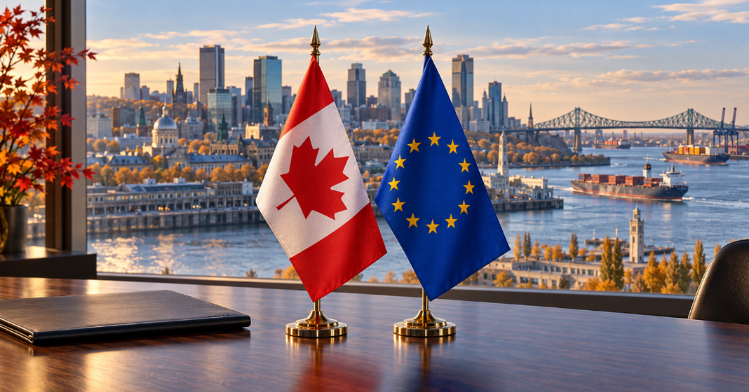 Drapeaux du Canada et de l’Union européenne sur une table devant le Vieux-Port de Montréal.