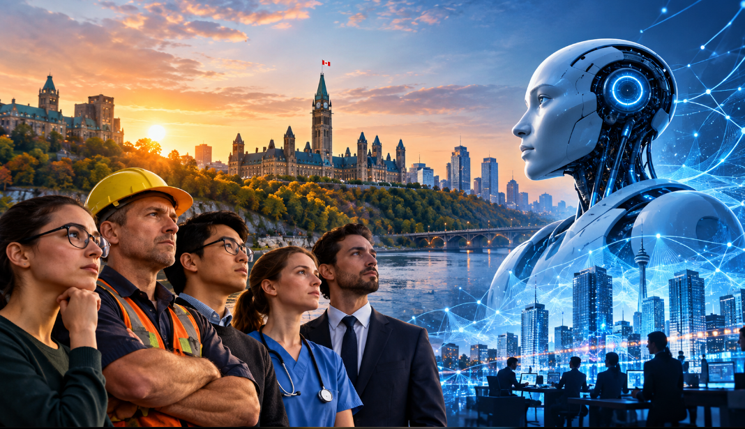 Des travailleurs canadiens face à un robot symbolisant l’intelligence artificielle, devant le Parlement du Canada à Ottawa.