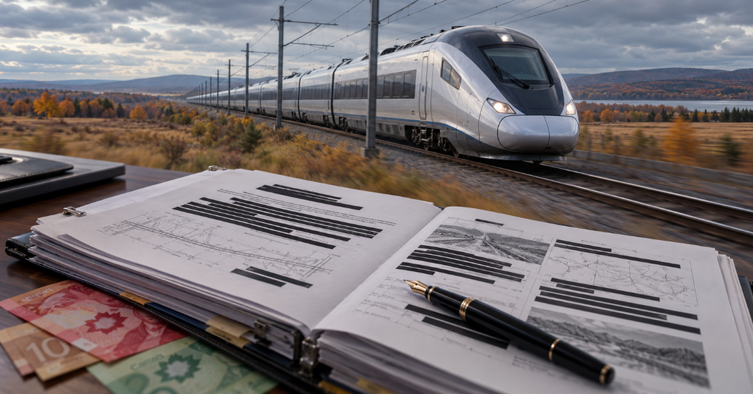 Train à grande vitesse dans un paysage automnal, devant un dossier caviardé, un stylo et des billets canadiens.