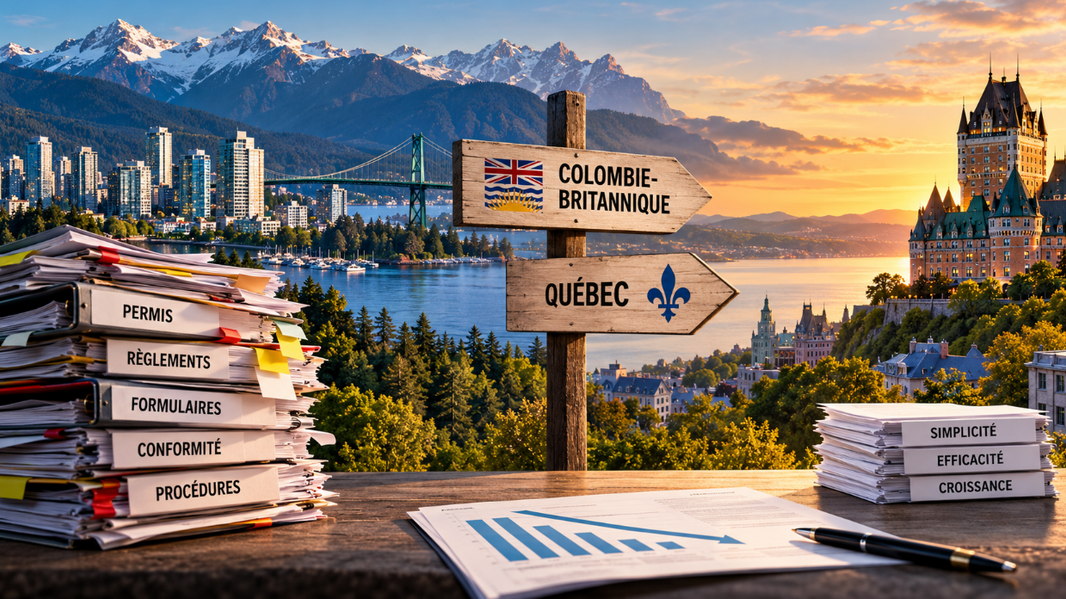 Illustration de la réforme réglementaire en Colombie-Britannique et au Québec, symbolisant la réduction des formalités administratives.