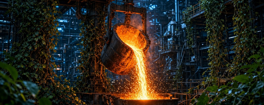 Illustration d’une usine d’aluminium où du métal en fusion est versé dans une cuve, entourée de végétation, symbolisant l’aluminium vert du Saguenay.