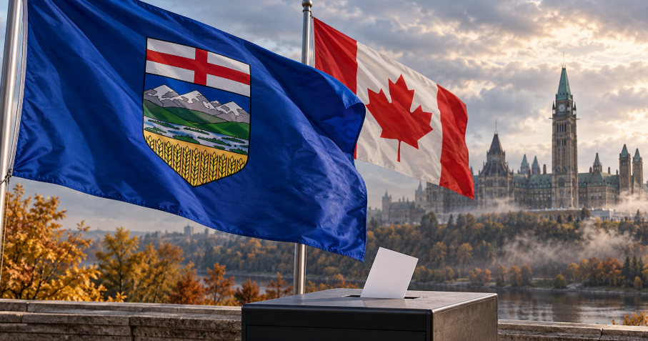 Drapeaux de l’Alberta et du Canada devant le Parlement canadien, avec une urne électorale au premier plan.