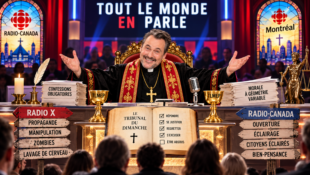Illustration satirique inspirée de Tout le monde en parle, montrant un tribunal médiatique et une morale à géométrie variable.