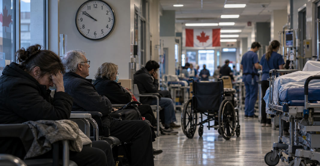 Patients dans la salle d’attente d’un hôpital canadien, illustrant les délais d’accès aux soins