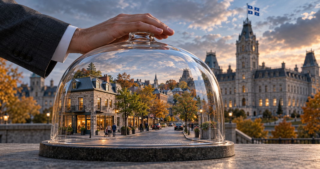 Une main posée sur une cloche de verre abritant une rue québécoise, devant le parlement et un drapeau du Québec.
