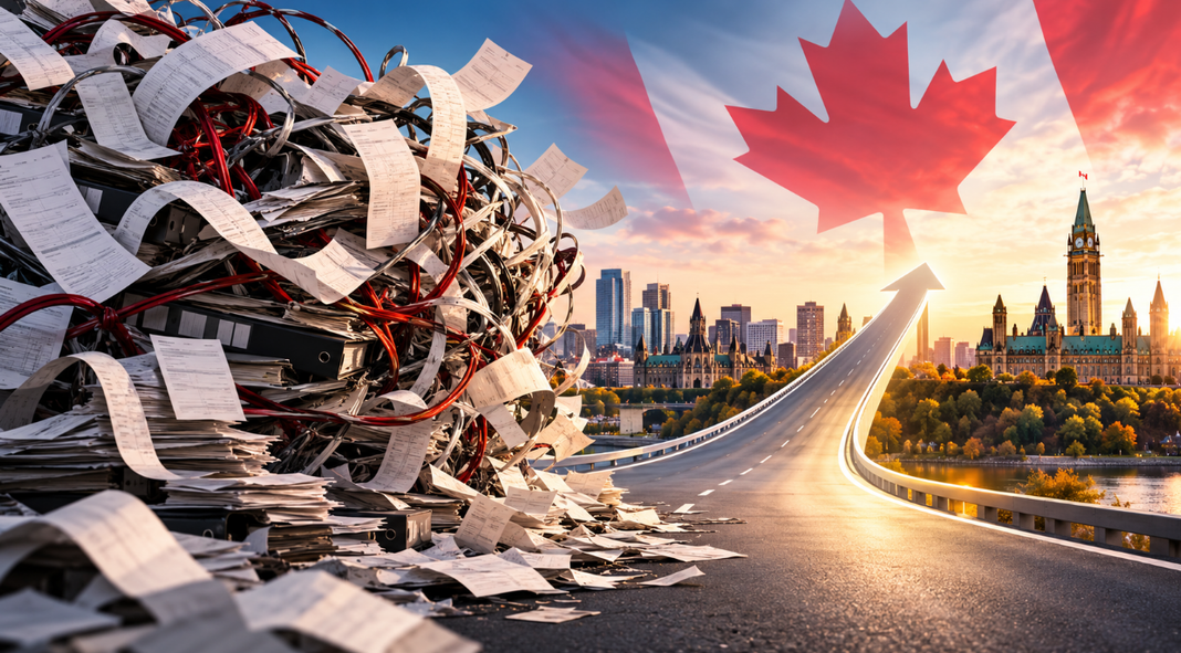 Illustration de la complexité fiscale canadienne : des piles de documents et une route ascendante vers le Parlement d'Ottawa.