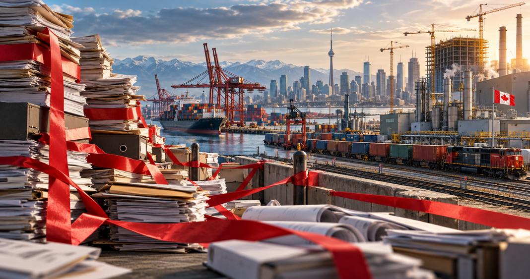 Accumulation de documents administratifs et de rubans rouges devant un port industriel canadien, symbolisant les obstacles à la productivité.