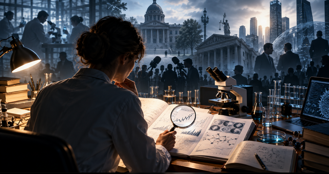 Chercheuse examinant des données scientifiques à la loupe, entourée d'instruments de laboratoire, sur fond d'institutions politiques, économiques et médiatiques.