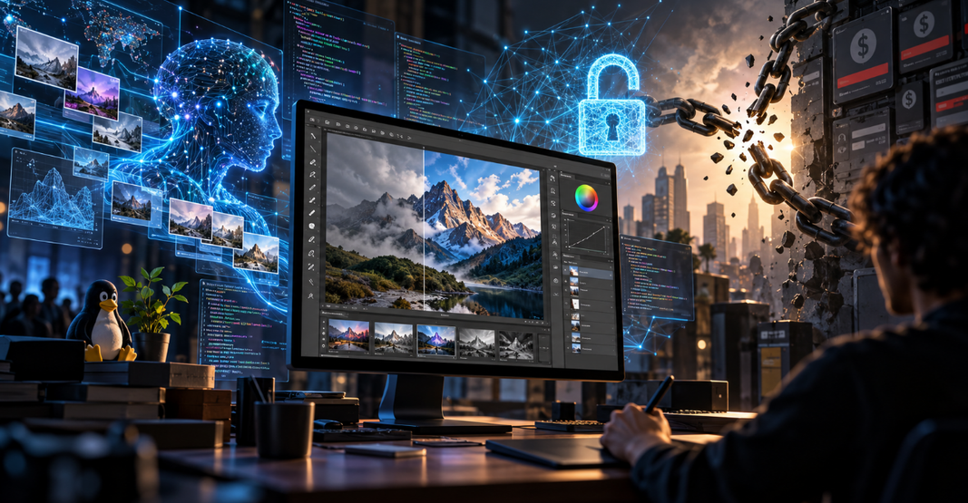 Un logiciel de retouche photo entouré de réseaux d'intelligence artificielle et de chaînes brisées, symbolisant l'essor des logiciels libres.