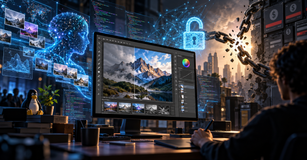 Une petite révolution dans le monde du logiciel Un logiciel de retouche photo entouré de réseaux d'intelligence artificielle et de chaînes brisées, symbolisant l'essor des logiciels libres.