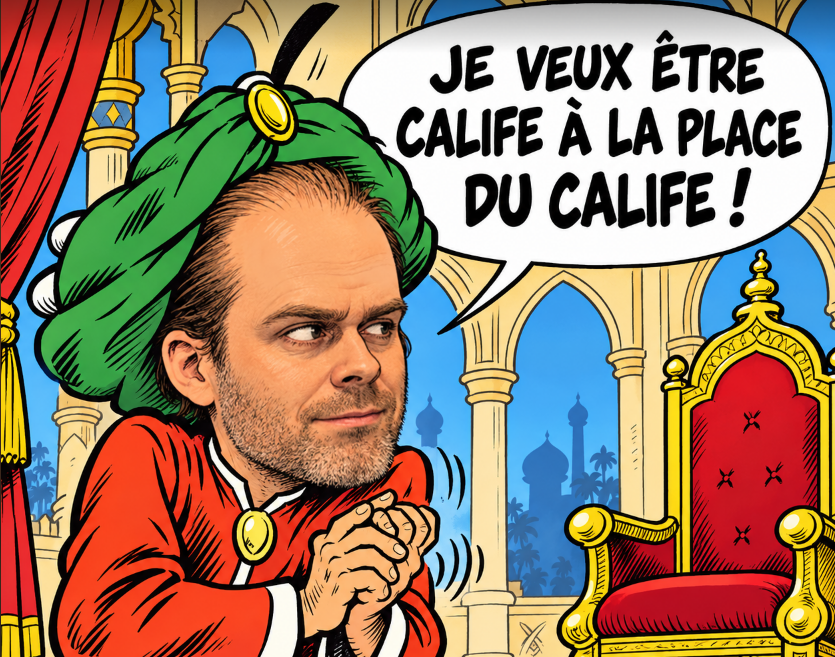 Caricature satirique d’Antoine Dionne Charest représenté en calife, illustrant les spéculations entourant une éventuelle succession à la tête du Parti libéral du Québec.