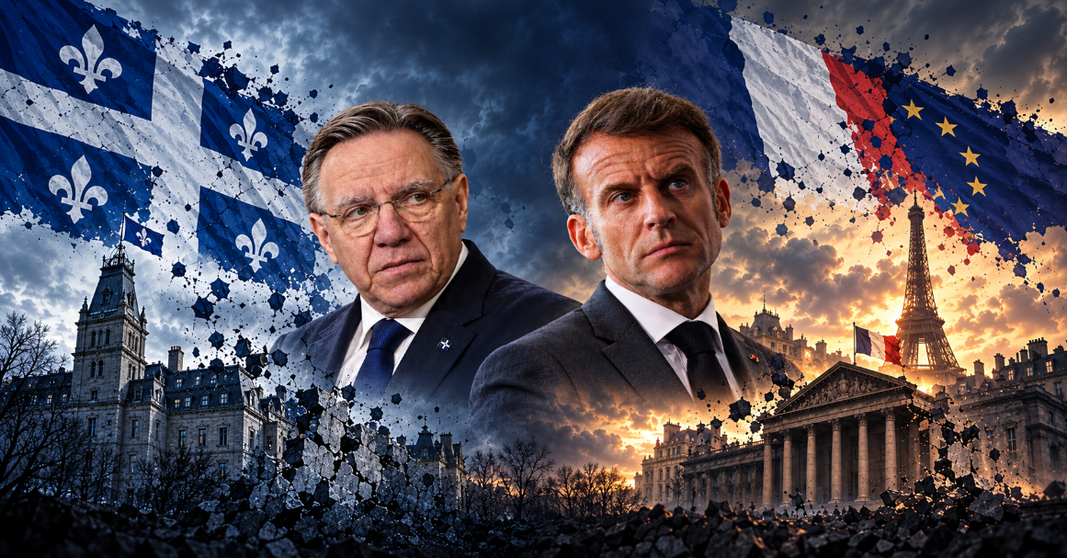 François Legault et Emmanuel Macron devant les drapeaux du Québec, de la France et de l’Union européenne, dans un montage illustrant la crise des partis politiques.