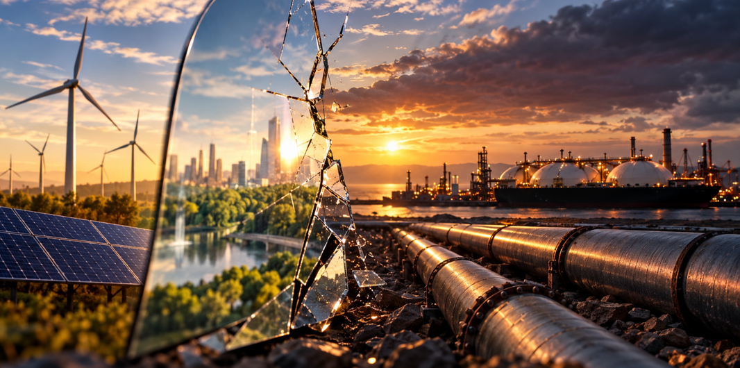 L’énergie des illusions : quand les ambitions politiques se heurtent à la réalité Illustration de la sécurité énergétique opposant éoliennes et panneaux solaires aux infrastructures pétrolières et gazières.