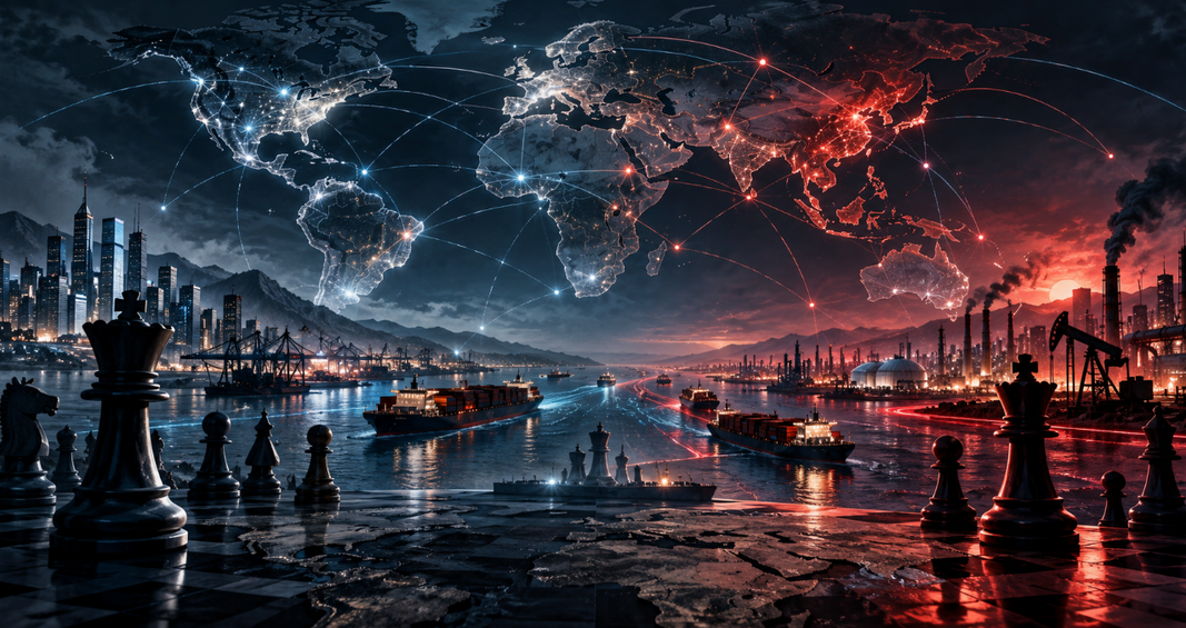 Réseau mondial d’influence économique et géopolitique reliant les grandes puissances, les routes commerciales et les centres industriels.