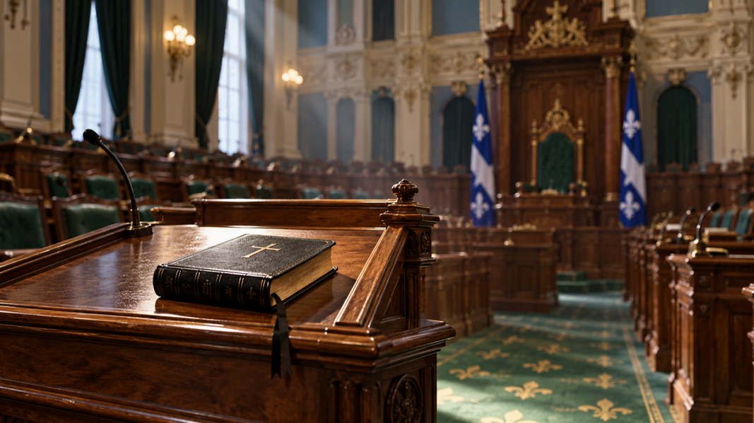 Une Bible sur un pupitre de l’Assemblée nationale du Québec, illustrant la critique du serment religieux d’Antoine Dionne-Charest.