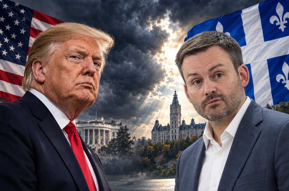Photomontage de Donald Trump et Paul St-Pierre Plamondon devant les drapeaux américain et québécois.