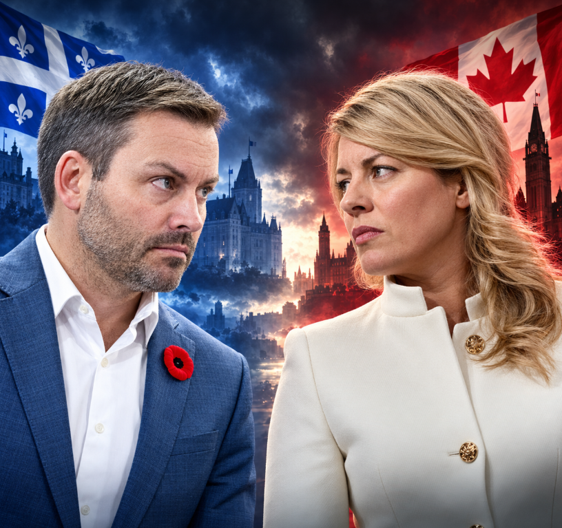 Mélanie Joly et son problème avec PSPP Paul St-Pierre Plamondon et Mélanie Joly face à face, devant les drapeaux du Québec et du Canada, illustrant leurs divergences politiques.