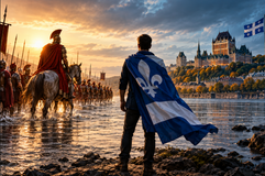 Franchir le Rubicon : pour un conservatisme québécois capable de penser la nation québécoise Un Québécois portant le fleurdelisé observe Québec et le Château Frontenac tandis que des légionnaires romains franchissent une rivière, symbole du Rubicon.