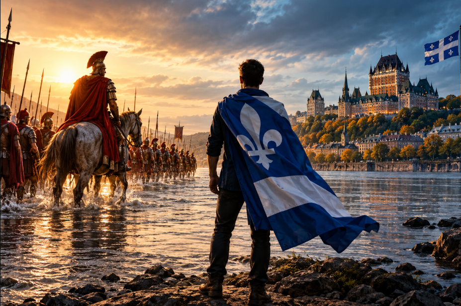 Un Québécois portant le fleurdelisé observe Québec et le Château Frontenac tandis que des légionnaires romains franchissent une rivière, symbole du Rubicon.